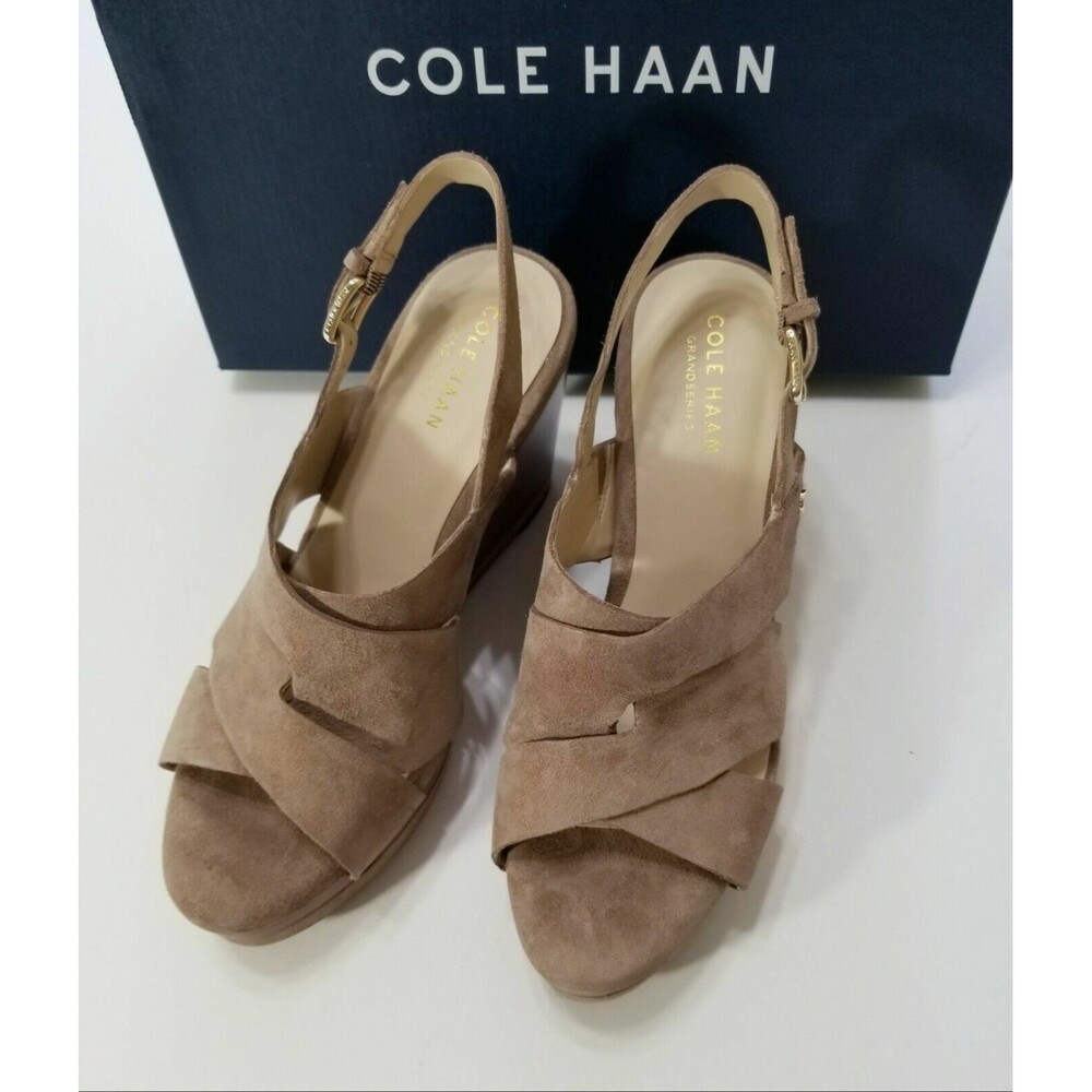 Cole Haan Laci Suede Platform Slingback Wedge Sandal Stone Taupe NIB Size 9 9.5 - Picture 8 of 15